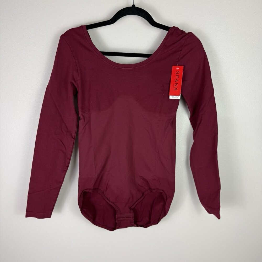 Spanx Long Sleeve Bodysuit Womens L Maroon Red Shapewear Smoothing Top NWT - Picture 7 of 8